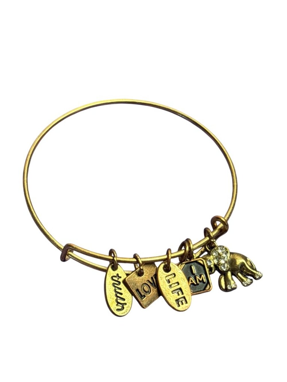 Antiqued Goldtone Bangle Charm Bracelet Truth Love Life I Am Elephant Clear